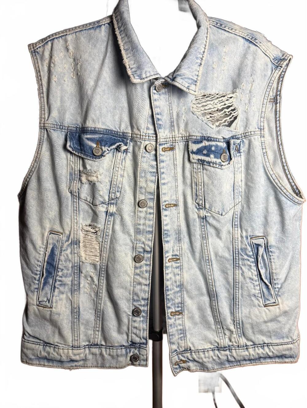 Vintage Distressed Denim Vest sz XL custom wolf patch upcycle